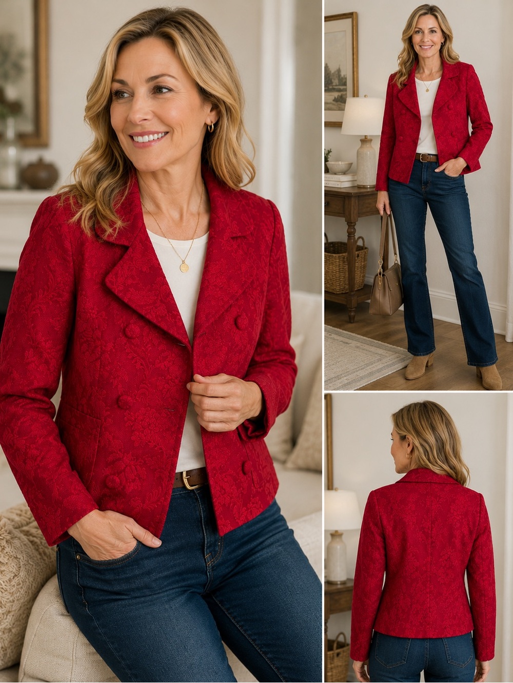 Talbots Womens Petites Red Brocade Jacquard Blazer Jacket Double Breasted Size M